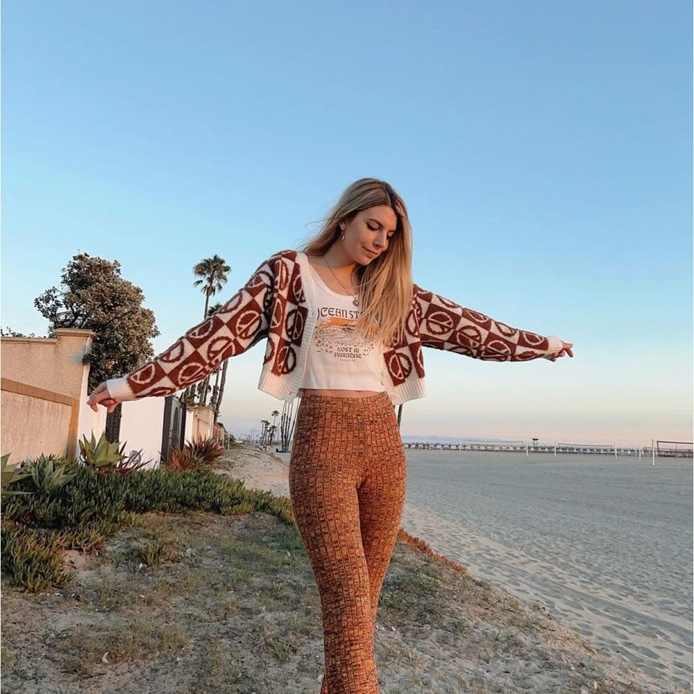 Peace Sign Patterned Brown and Cream Cropped Sweater